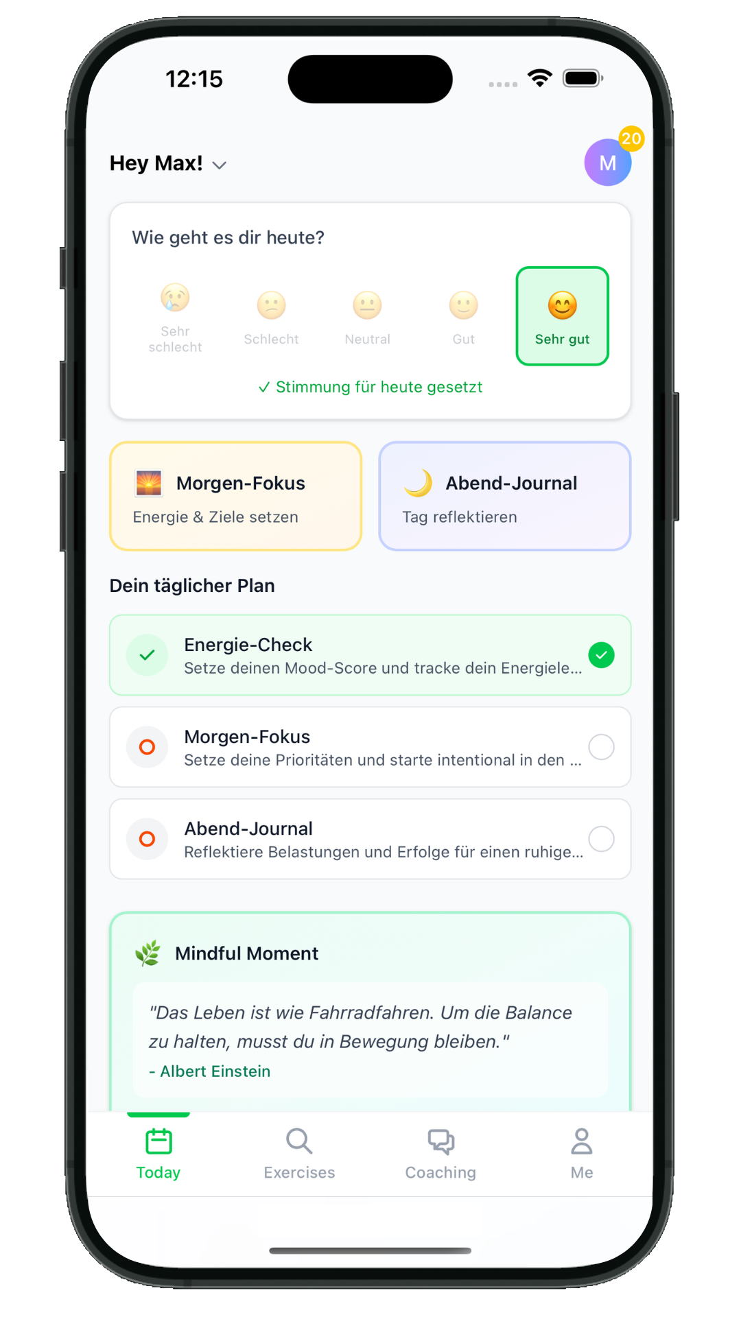 MindBalance App Vorschau – Check-in, Journaling und KI-Reflexion auf dem Smartphone
